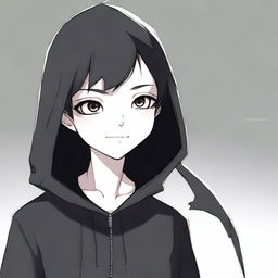 A young non-human girl with a slender frame, short pixie cut, shark-like teeth, and wearing dark tight-fitted clothes along with a black hooded robe