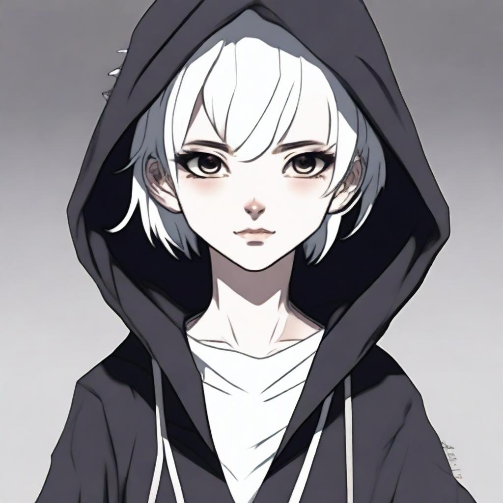 A young non-human girl with a slender frame, short pixie cut, shark-like teeth, and wearing dark tight-fitted clothes along with a black hooded robe