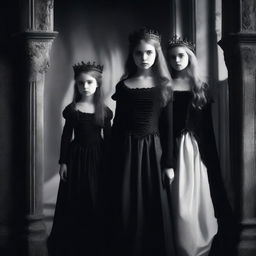 A dark and mysterious portrayal of princesses with a gothic and eerie atmosphere