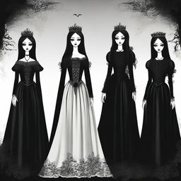 A dark and mysterious portrayal of princesses with a gothic and eerie atmosphere