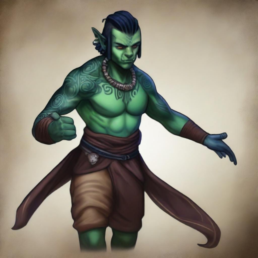 A Half-Orc Tiefling with dark blue-green skin, wearing a blindfold and monk attire