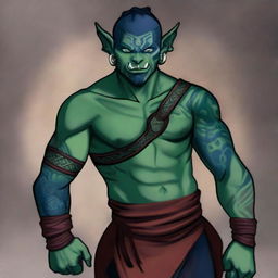 A Half-Orc Tiefling with dark blue-green skin, wearing a blindfold and monk attire