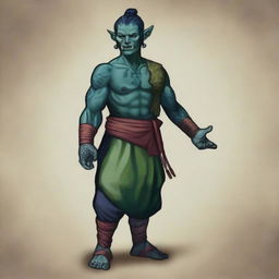 A Half-Orc Tiefling with dark blue-green skin, wearing a blindfold and monk attire