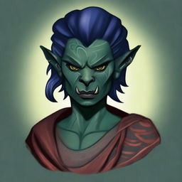 A Half-Orc Tiefling with dark blue-green skin, wearing a blindfold and monk attire