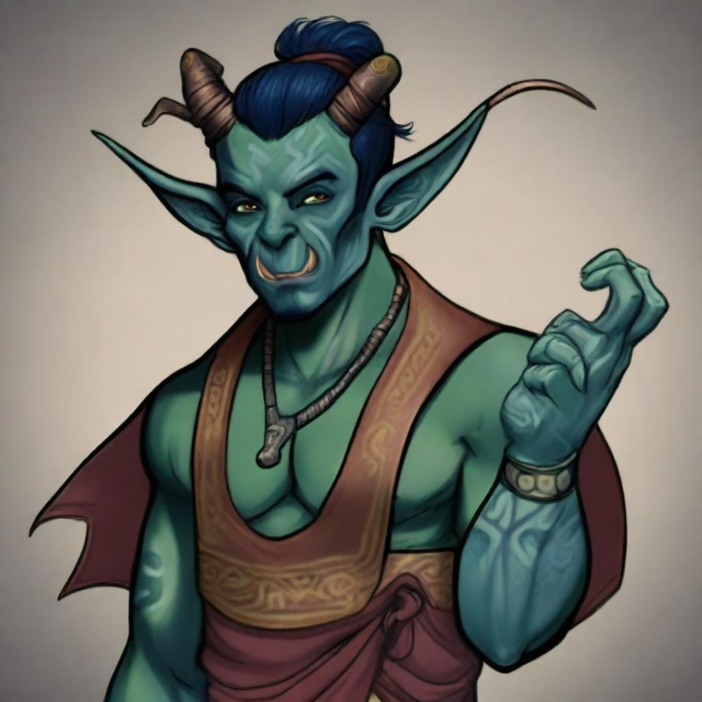 A Half-Orc Tiefling character with dark blue-green skin, prominent horns, and wearing a blindfold