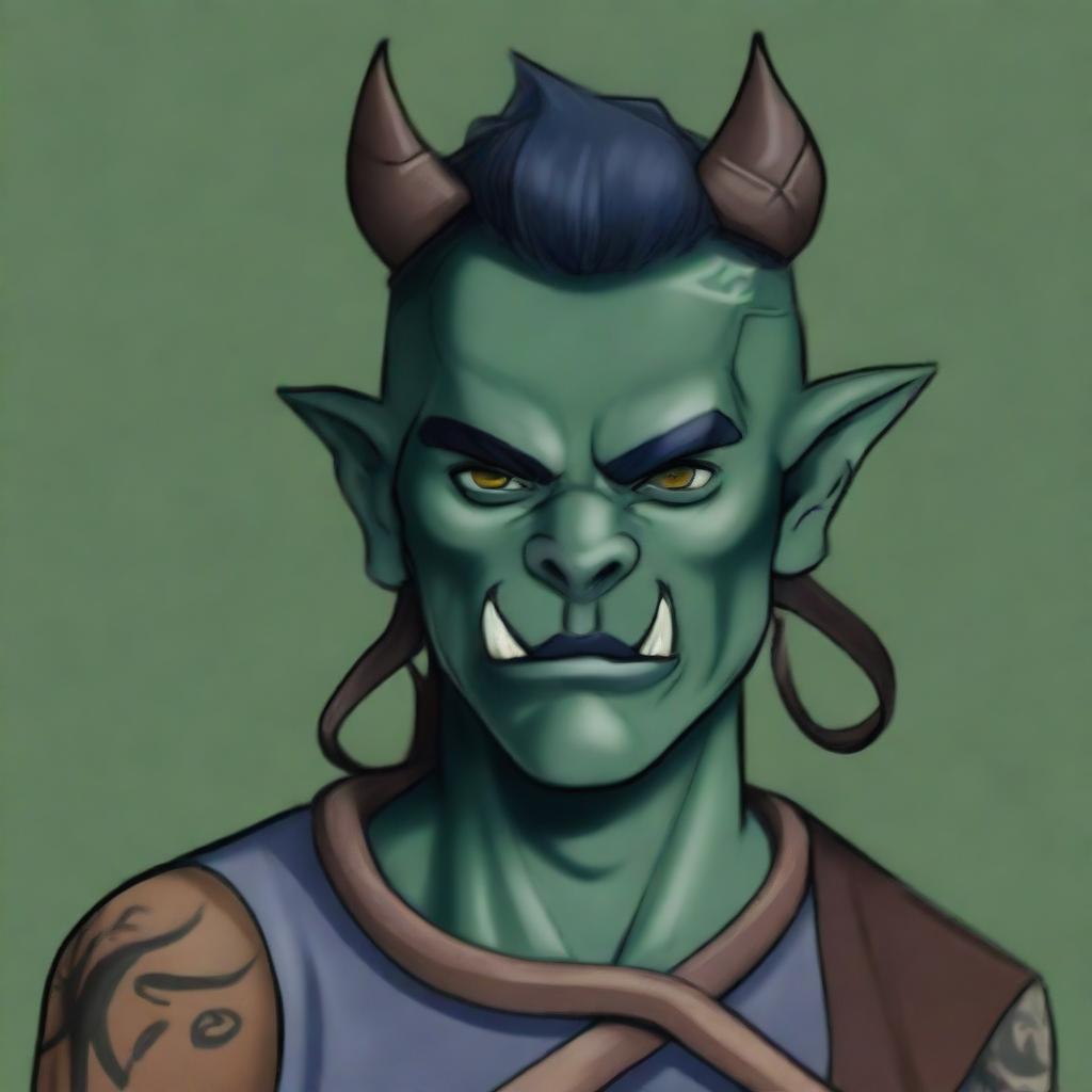 A Half-Orc Tiefling character with dark blue-green skin, prominent horns, and wearing a blindfold