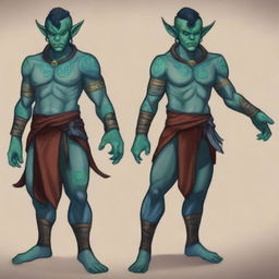 A Half-Orc Tiefling character with dark blue-green skin, prominent horns, and wearing a blindfold