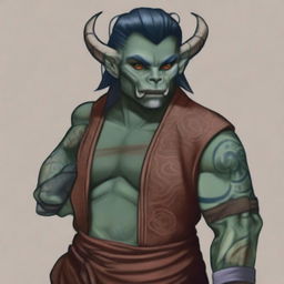 A Half-Orc Tiefling character with dark blue-green skin, prominent horns, and wearing a blindfold