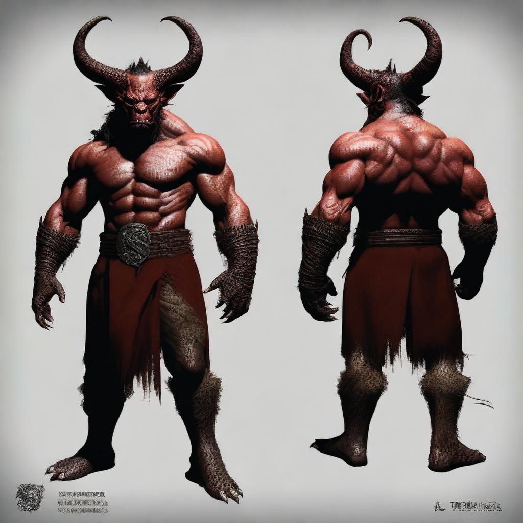 Create an image of an Orc Tiefling, combining the rugged and muscular features of an orc with the demonic horns, tail, and infernal heritage of a tiefling