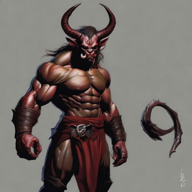 Create an image of an Orc Tiefling, combining the rugged and muscular features of an orc with the demonic horns, tail, and infernal heritage of a tiefling