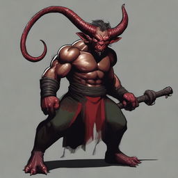 Create an image of an Orc Tiefling, combining the rugged and muscular features of an orc with the demonic horns, tail, and infernal heritage of a tiefling