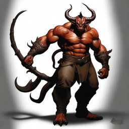 Create an image of an Orc Tiefling, combining the rugged and muscular features of an orc with the demonic horns, tail, and infernal heritage of a tiefling