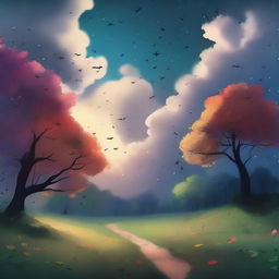 A scene where dark clouds are fading away, giving way to bright and colorful clouds