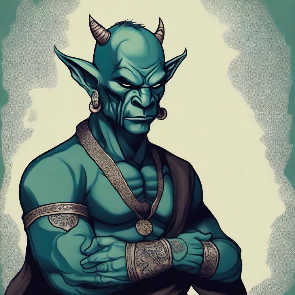 A dark blue-green Orc Tiefling monk wearing a blindfold and adorned with intricate tattoos