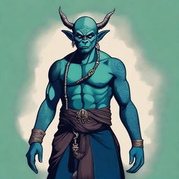 A dark blue-green Orc Tiefling monk wearing a blindfold and adorned with intricate tattoos