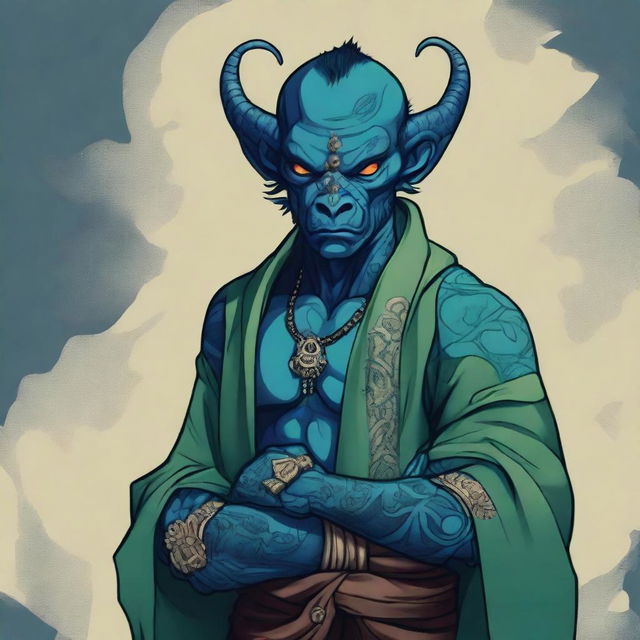 A dark blue-green Orc Tiefling monk wearing a blindfold and adorned with intricate tattoos