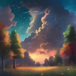 A scene depicting dark clouds fading away, revealing bright and colorful clouds emerging from them