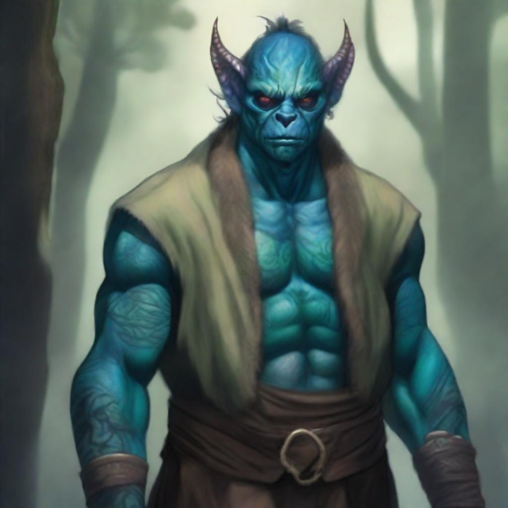 A young giant blue-green orc tiefling monk with tattoos, wearing a blindfold and a fur jacket