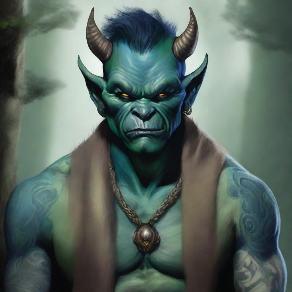 A young giant blue-green orc tiefling monk with tattoos, wearing a blindfold and a fur jacket