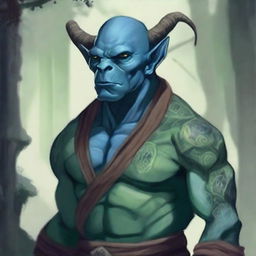 A young giant blue-green orc tiefling monk with tattoos, wearing a blindfold and a fur jacket