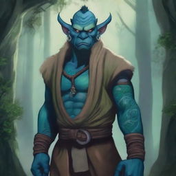 A young giant blue-green orc tiefling monk with tattoos, wearing a blindfold and a fur jacket