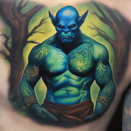 A young Giant Blue Green Orc Tiefling monk with tattoos covering his arms and chest