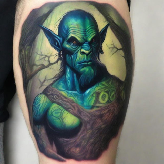 A young Giant Blue Green Orc Tiefling monk with tattoos covering his arms and chest