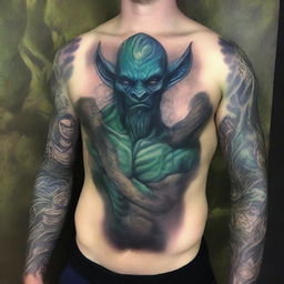 A young Giant Blue Green Orc Tiefling monk with tattoos covering his arms and chest