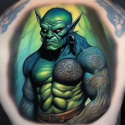 A young Giant Blue Green Orc Tiefling monk with tattoos covering his arms and chest