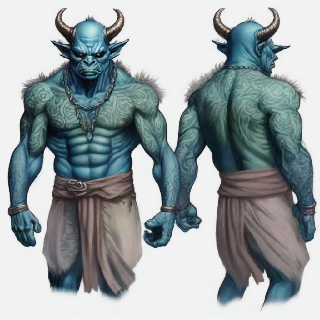 A giant blue-green Orc Tiefling monk with tattoos, wearing a blindfold and a fur jacket