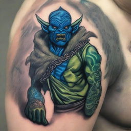 A giant blue-green Orc Tiefling monk with tattoos, wearing a blindfold and a fur jacket