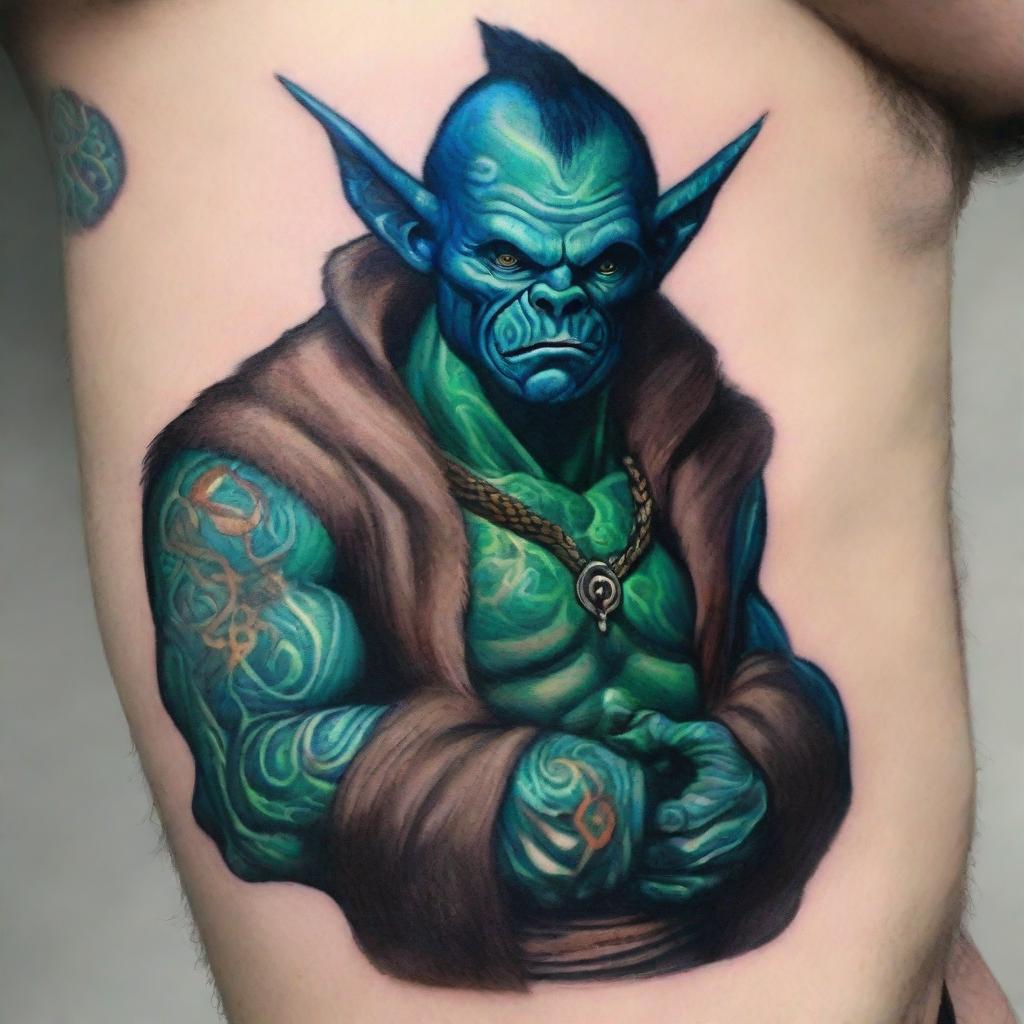 A giant blue-green Orc Tiefling monk with tattoos, wearing a blindfold and a fur jacket