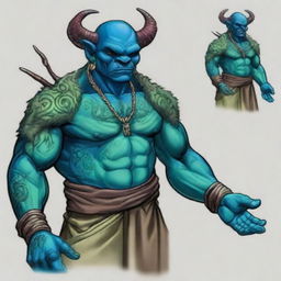 A giant blue-green Orc Tiefling monk with tattoos, wearing a blindfold and a fur jacket