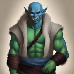 Create an image of a young, handsome giant Blue Green Orc Tiefling monk