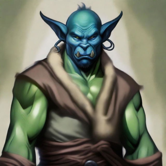 Create an image of a young, handsome giant Blue Green Orc Tiefling monk