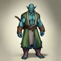 Create an image of a young, handsome giant Blue Green Orc Tiefling monk