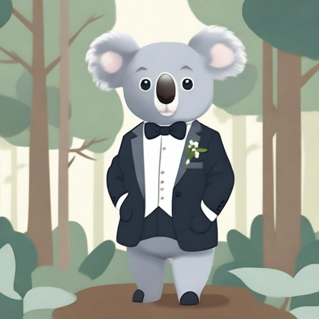 A cute koala bear wearing a well-fitted tuxedo, standing upright