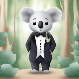 A cute koala bear wearing a well-fitted tuxedo, standing upright