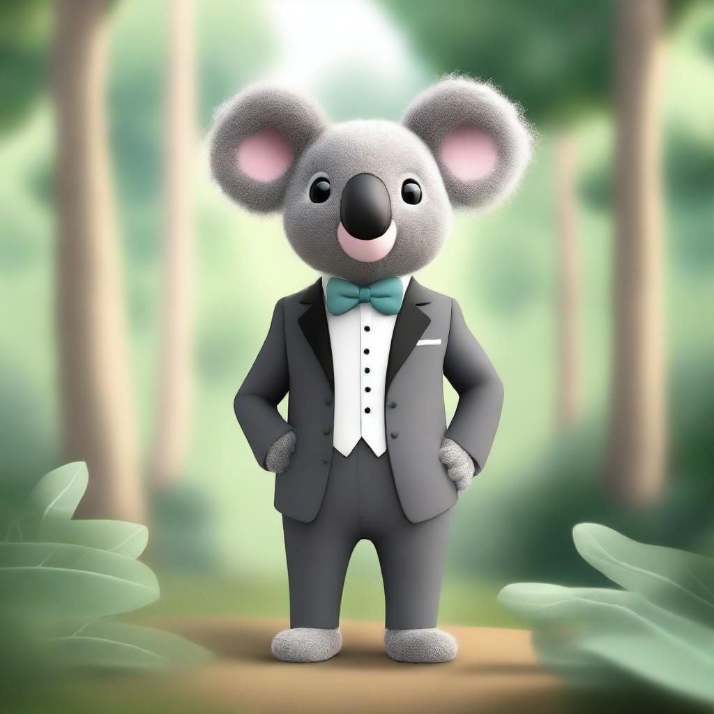 A cute koala bear wearing a well-fitted tuxedo, standing upright