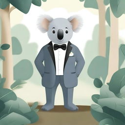 A cute koala bear wearing a well-fitted tuxedo, standing upright