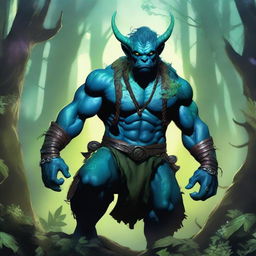 A blue-green orc tiefling with a blindfold, standing in a mystical forest