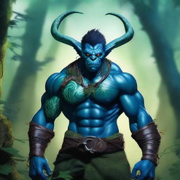 A blue-green orc tiefling with a blindfold, standing in a mystical forest