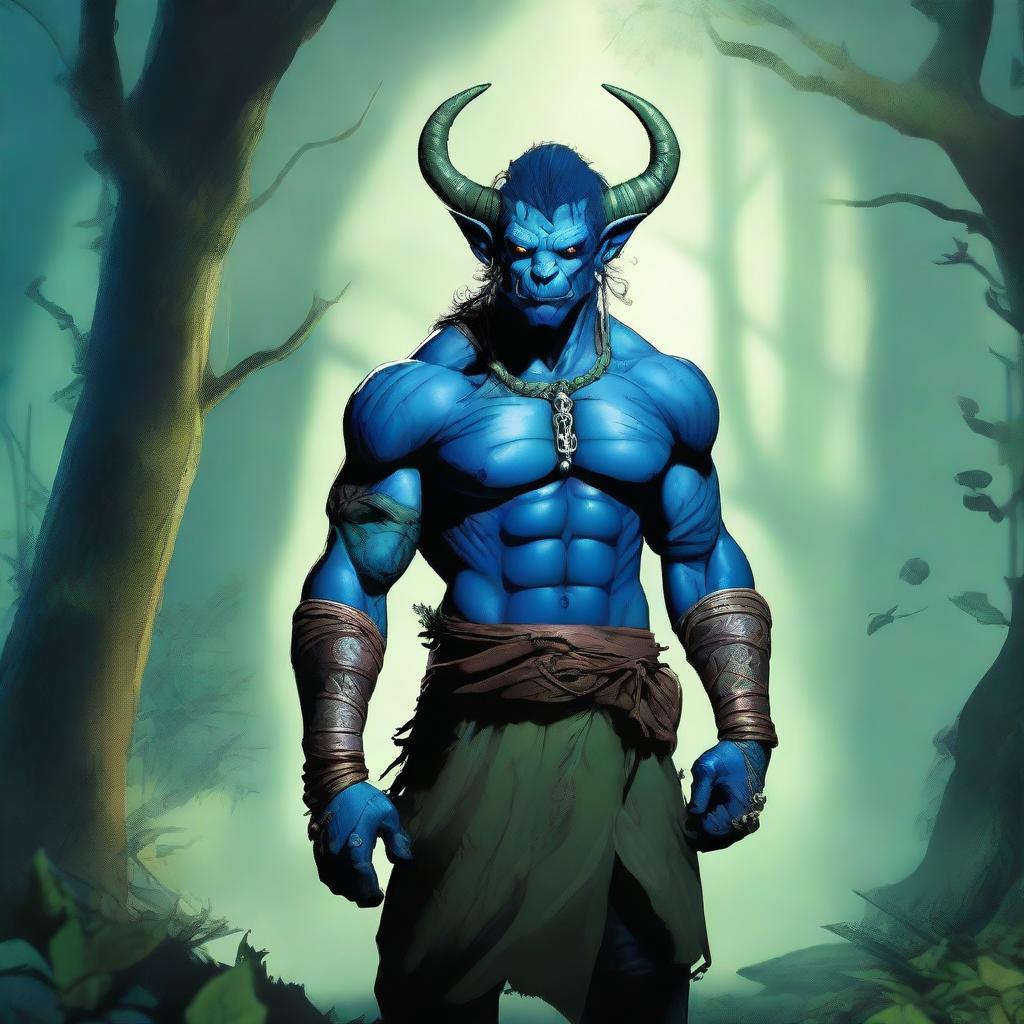 A blue-green orc tiefling with a blindfold, standing in a mystical forest