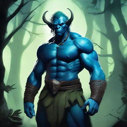 A blue-green orc tiefling with a blindfold, standing in a mystical forest