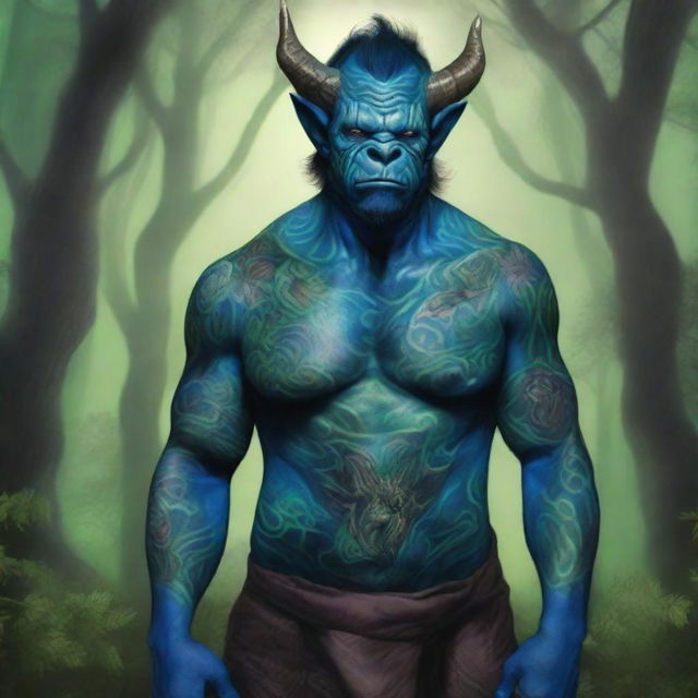 A detailed illustration of a Blue Green Orc Tiefling with intricate tattoos covering its arms and chest