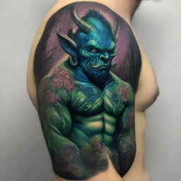 A detailed illustration of a Blue Green Orc Tiefling with intricate tattoos covering its arms and chest