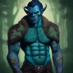 A detailed illustration of a Blue Green Orc Tiefling with intricate tattoos covering its arms and chest