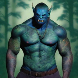 A detailed illustration of a Blue Green Orc Tiefling with intricate tattoos covering its arms and chest