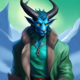 A handsome giant tiefling with blue-green skin, wearing a luxurious fur jacket