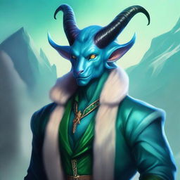 A handsome giant tiefling with blue-green skin, wearing a luxurious fur jacket